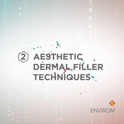The image displays a title card for ’aesthetic dermal filler techniques’ by environ, featuring modern typography and abstract particle effects.