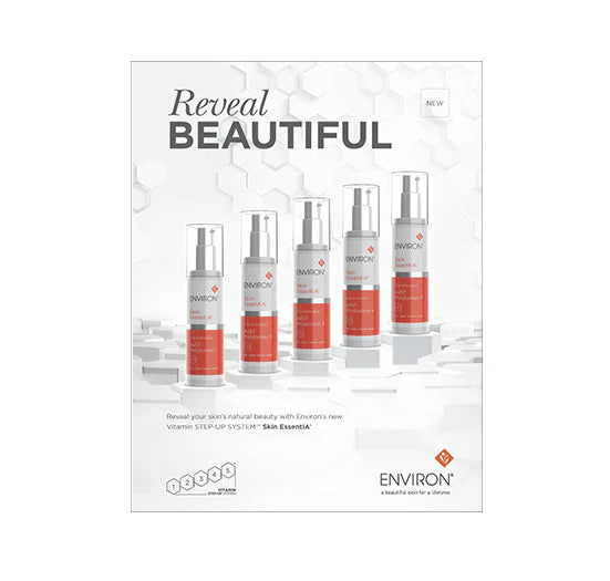 Five Environ Skin EssentiA AVST Moisturiser bottles stand on white pedestals to showcase the brand's Vitamin STEP-UP SYSTEM skincare routine.
