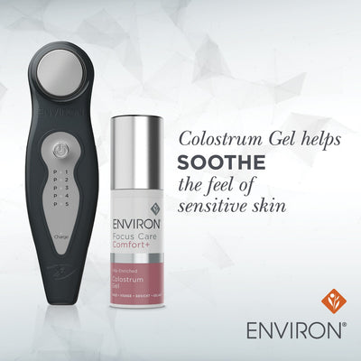 Black and silver environ focus care comfort+ colostrum gel device with a sleek, ergonomic design.