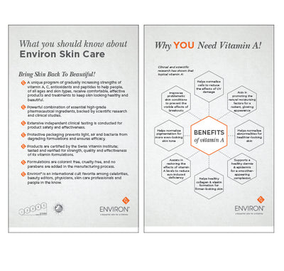 The image displays two informational panels for environ skin care, featuring text about the benefits of vitamin a and its role in skincare.