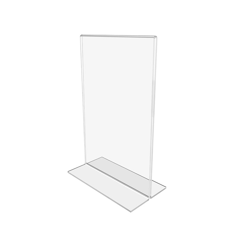 A clear acrylic sign holder with a T-shaped base stands upright to display menus or promotional materials on a tabletop.