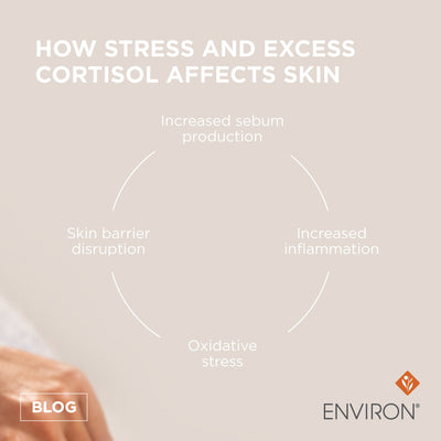 The image displays a beige informational graphic with white text and lines illustrating how stress and excess cortisol affect skin, featuring the environ brand logo in the corner.