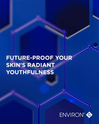 Blue hexagonal geometric design with the text ’future-proof your skin’s radiant youthfulness’ and the environ logo.