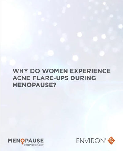 The image features a soft, light blue background with subtle bokeh effects and centered dark gray text posing the question: ’why do women experience acne flare-ups during menopause?’ below this, logos for “m