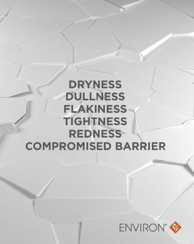 The image displays a white, cracked-textured background with the words ’dryness,’ ’dullness,’ ’flakiness,’ ’tightness,’ ’redness,’ and ’compromised barrier’ in bold black text centered