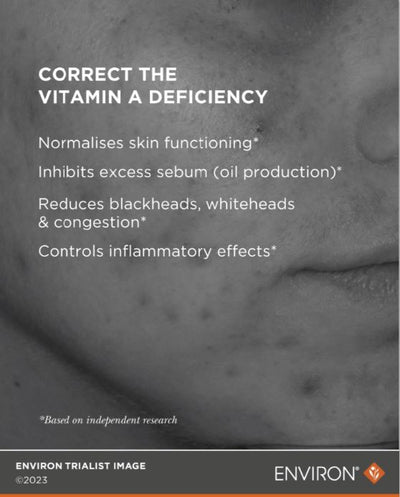 Grayscale image of acne-prone skin with text overlay promoting vitamin a deficiency correction.