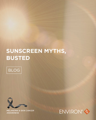 Gold-toned lens flare background with white text reading ’sunscreen myths, busted’ and a black ribbon logo for melanoma & skin cancer awareness.