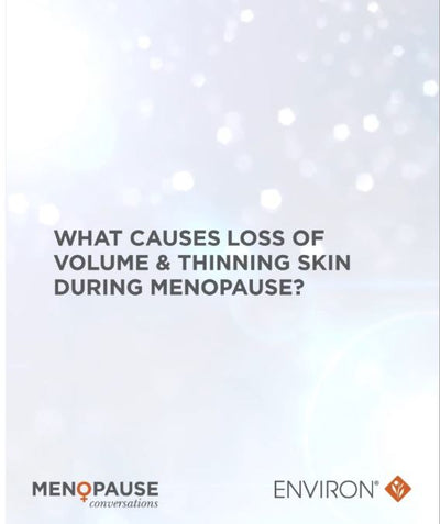 The image features a soft, light blue background with subtle bokeh effects and centered text asking about menopause-related skin changes.