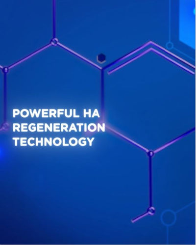 Blue hexagonal molecular structure graphic with glowing purple lines and nodes.