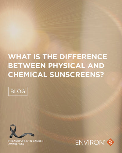 The image features a soft, warm-toned background with radiant light effects and centered white text posing the question ’what is the difference between physical and chemical sunscreens?’ along with branding elements for environ and melanoma &