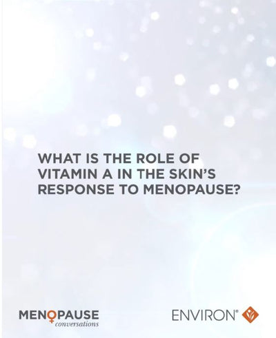 The image features a soft, sparkling white background with the text ’what is the role of vitamin a in the skin’s response to menopause?’ prominently displayed in dark gray font.