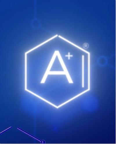 A glowing white neon logo featuring a stylized ’a+’ enclosed within a hexagon, set against a deep blue background.