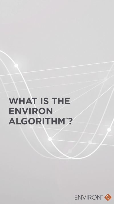 Gray minimalist graphic with white curved lines and dots, featuring the text ’what is the environ algorithm?’ in bold black font.