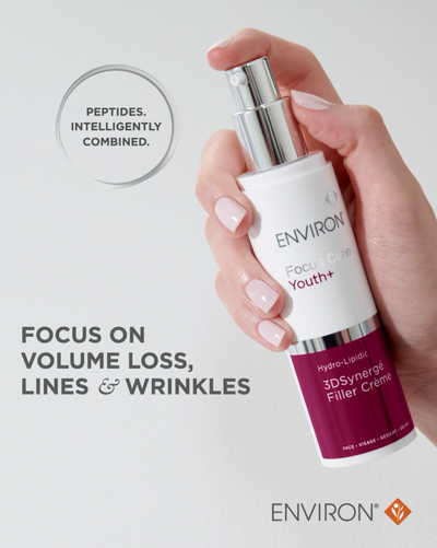 White and magenta environ focus creme youth+ hydro-lipidic 3dsynergé filler crème bottle with a silver spray nozzle.