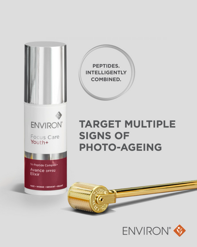 Silver and maroon environ focus care youth+ avance cfp32 elixir serum bottle with a metallic cap.