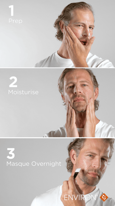 A man with light brown hair and a beard is shown in three steps of applying skincare, wearing a white t-shirt against a plain background.