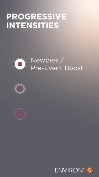 The image displays a minimalist graphic design with the text ’progressive intensities’ at the top, followed by three circular icons representing different levels: newbies / pre-event boost (white circle with red center), and two progressively darker purple