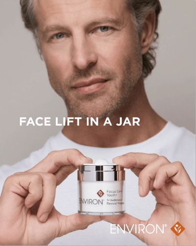 A sleek, silver-topped jar of environ focus on youth tri-redensifying renewal repair cream with a white label and minimalist design.