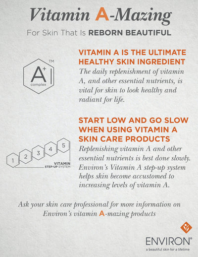 Vitamin a-mazing skincare product line by environ, featuring a step-up system with five tiers for gradual vitamin a replenishment.