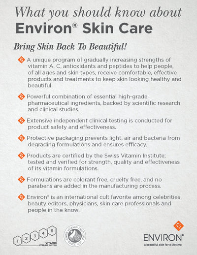 Environ skin care product information sheet featuring a clean, minimalist design with black text on an off-white background.