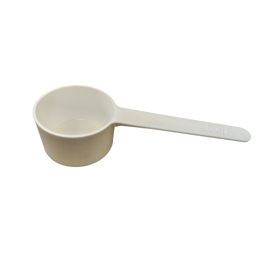 A 50ml white plastic measuring scoop with a long handle rests against a plain white background.