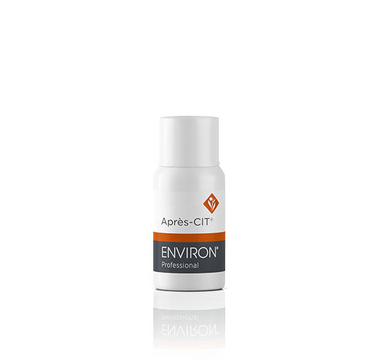 A small white bottle of Environ Professional Après-CIT serum stands on a clean, reflective white background.