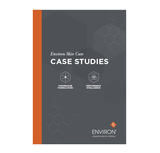 The Environ Skin Care Case Studies cover highlights professional powerhouse formulations and performance intelligence against a sleek, hexagonal-patterned gray background.