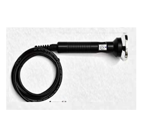 A professional black handheld electronic probe with a textured grip and a coiled power cable rests on a clean white surface.