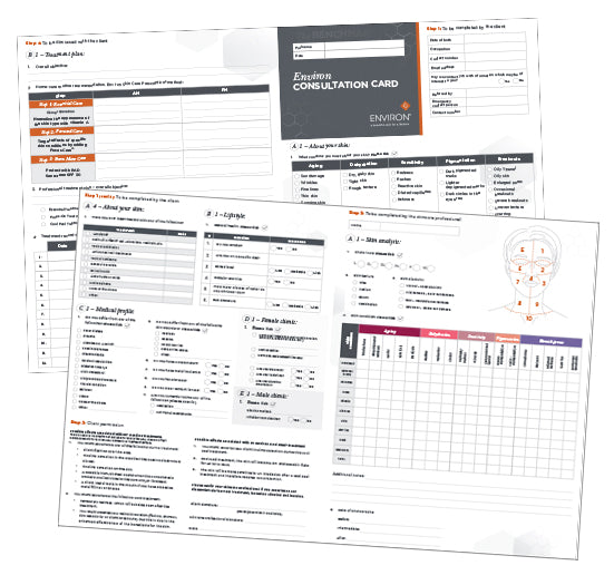 A professional Environ skin consultation card displays comprehensive sections for recording client history, lifestyle habits, and targeted skin analysis.