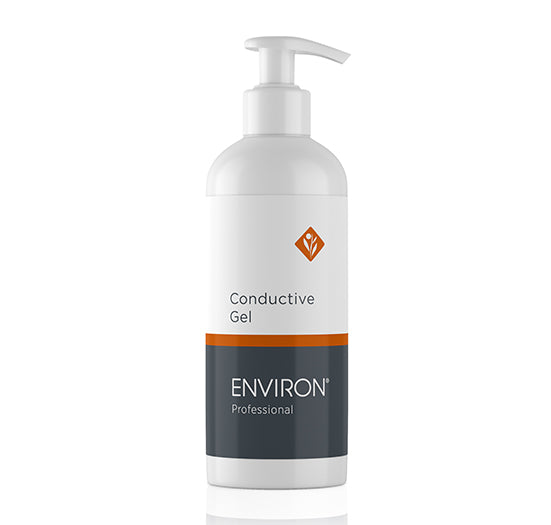 A white pump bottle of Environ Professional Conductive Gel stands against a clean, white background for use in professional facial treatments.