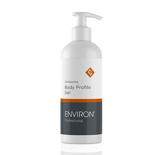 A white pump bottle of Environ Professional Contouring Body Profile Gel stands upright, showcasing its sleek branding for professional body contouring skincare.