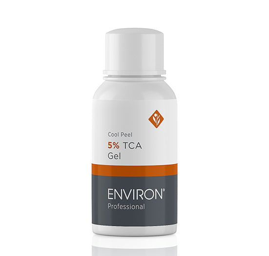 A white bottle of Environ Professional Cool Peel 5% TCA Gel highlights its professional-grade chemical peel formula for advanced skincare treatments.