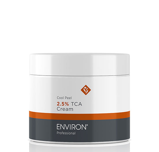 A white jar of Environ Professional Cool Peel 2.5% TCA Cream rests on a reflective surface against a clean white background.
