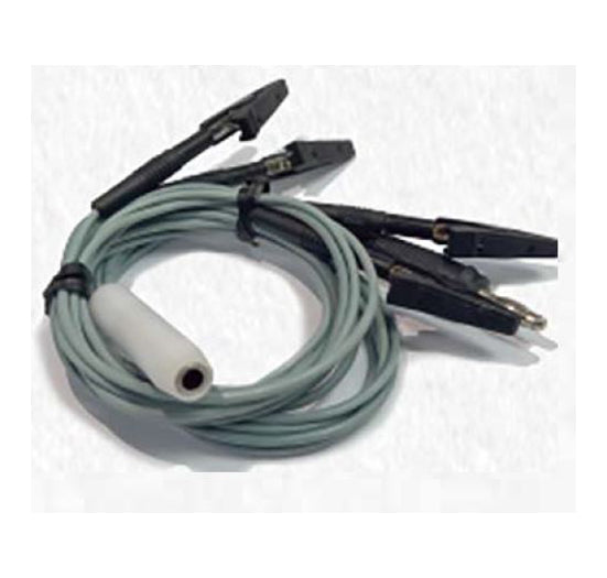 A coiled light blue ECG lead wire set connects five black alligator clips to a white connector for medical patient monitoring.