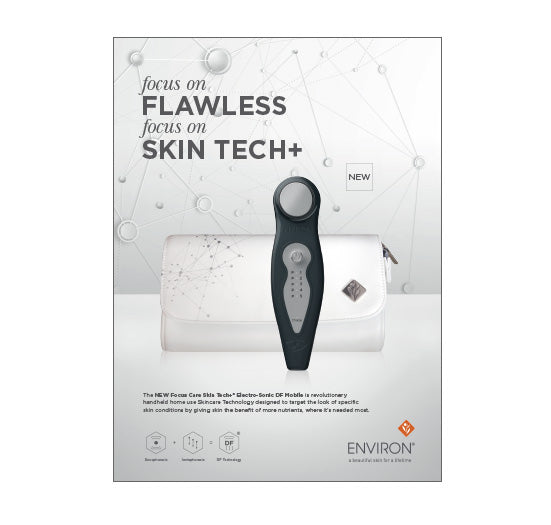 The sleek black Environ Electro-Sonic DF Mobile handheld skincare device stands in front of a white travel pouch, featuring advanced skin technology for a flawless complexion.