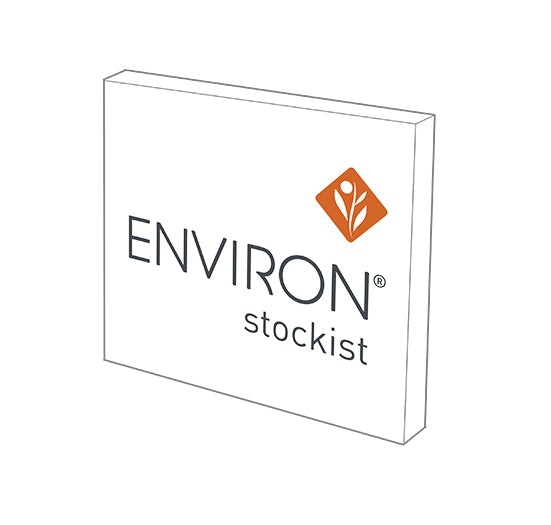 A white plaque displays the Environ brand logo and the word stockist to identify an authorized retailer of professional skin care products.