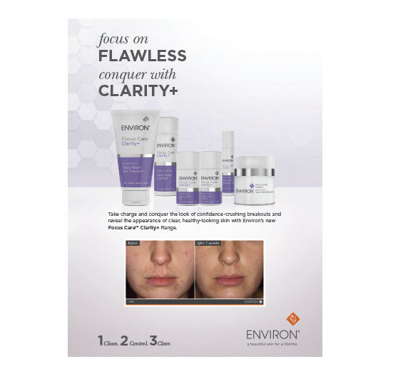 The Environ Focus Care Clarity+ skincare range showcases various products and before-and-after photos demonstrating effective results for clearer, blemish-free skin.