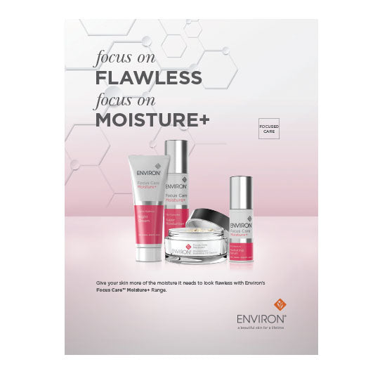 A collection of Environ Focus Care Moisture+ skincare products, including a night cream and hydrating serum, rests against a white and pink background featuring molecular graphics.