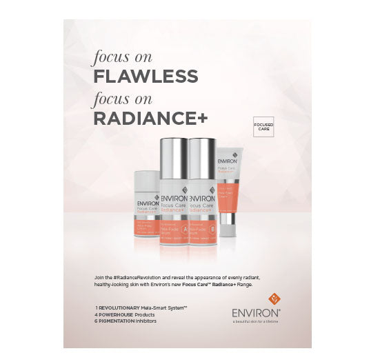 Environ showcases its Focus Care Radiance+ range, featuring four powerhouse skincare products designed to target pigmentation and promote a radiant, flawless complexion.