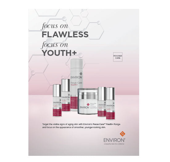 Environ's Focus Care Youth+ anti-aging skincare range features various bottles and a jar against a soft pink background to promote smoother, younger-looking skin.