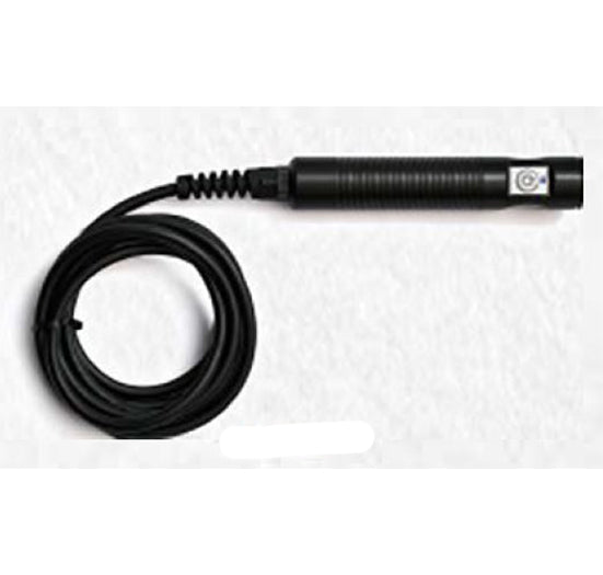A black handheld electronic sensor probe with a ribbed grip and a coiled cable sits on a plain white surface.