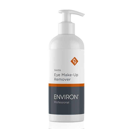 A white pump bottle of Environ Professional Gentle Eye Make-Up Remover stands against a plain white background.