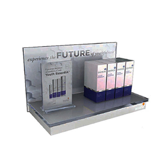 A sleek Environ countertop retail display showcases Youth EssentiA anti-aging skincare products and promotional signage.