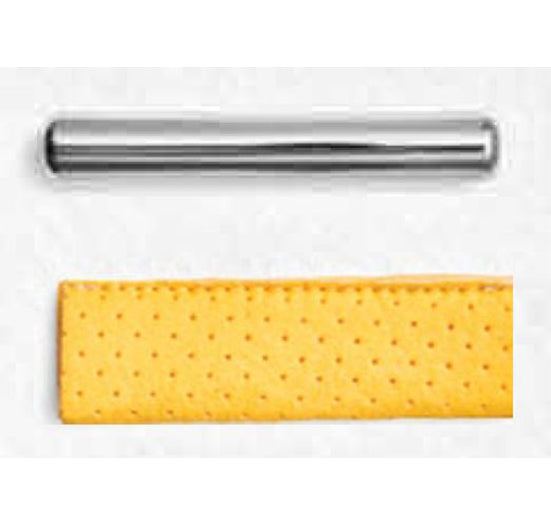 A silver metal pin and a yellow perforated leather strap rest on a white background.