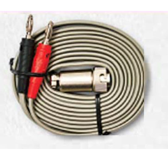 A coiled grey electrical test lead features red and black banana plugs at one end and a specialized metal connector for secure equipment connections.