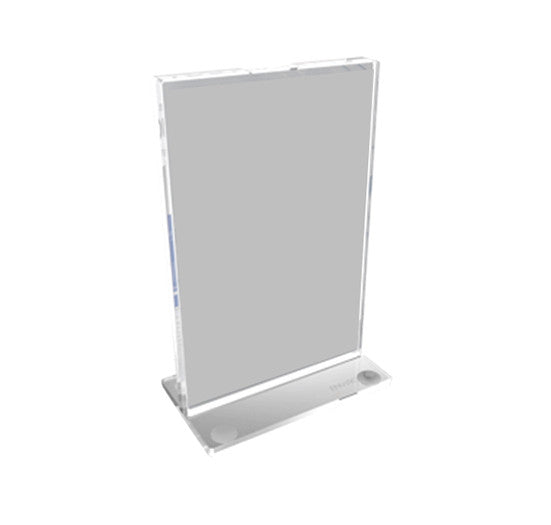 A clear acrylic sign holder stands upright on a flat base, ready to display menus or promotional signs on a tabletop.