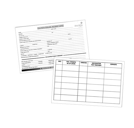 Professional Environ Peeling Record cards feature organized fields for client information and a detailed treatment log table for tracking skincare procedures.
