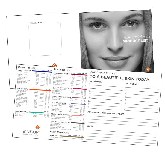 An Environ skincare consultation form displays a comprehensive product checklist and personalized routine planner beside a black-and-white portrait of a woman with glowing skin.
