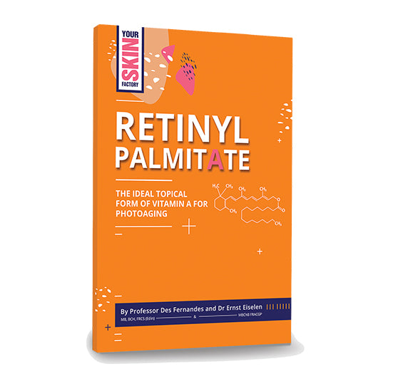 An orange book cover displays the title Retinyl Palmitate, highlighting its role as a topical Vitamin A treatment for skin photoaging.