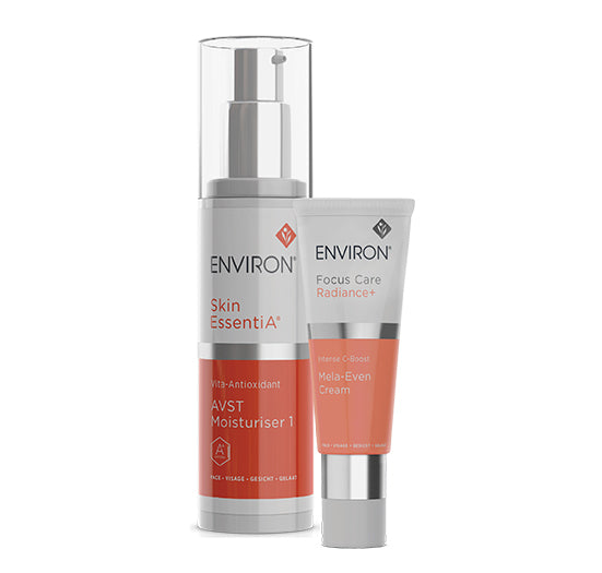 Environ Skin EssentiA Vita-Antioxidant AVST Moisturiser 1 and Focus Care Radiance+ Mela-Even Cream stand together on a clean white background.